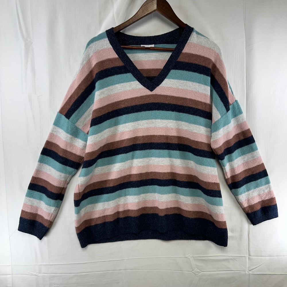 J. Jill V-Neck Sweater Womens XL Multi Color Striped Relaxed Knit Pullover